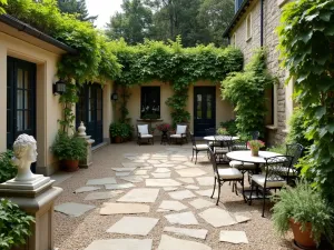 French Country Gravel Terrace - Elegant French country patio with limestone gravel, featuring vintage metal furniture and classical statuary. Surrounded by formal herb gardens and climbing vines on stone walls.