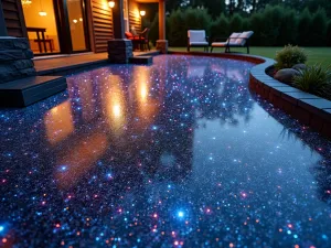 Galaxy Effect Epoxy Patio - Wide angle view of a dark epoxy patio floor with multicolored metallic flakes creating a galaxy-like effect, complemented by modern LED lighting