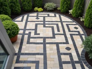 Geometric Brick Inlay - Modern patio featuring a bold geometric inlay pattern using contrasting light and dark bricks, viewed from above