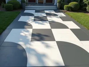 Geometric Painted Patio Floor - A modern patio floor painted in a bold geometric pattern using slate gray and white, creating an optical illusion effect, shot from above with morning sunlight casting subtle shadows