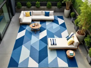 Geometric Pattern Outdoor Rug - Aerial view of a large outdoor patio featuring a bold geometric pattern outdoor rug in blue and white, with contemporary lounge seating and potted bamboo plants