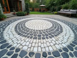 Geometric River Stone Mosaic - Wide angle shot of a modern patio floor with a geometric mosaic pattern created from smooth river stones in varying shades of grey and white, arranged in concentric circles