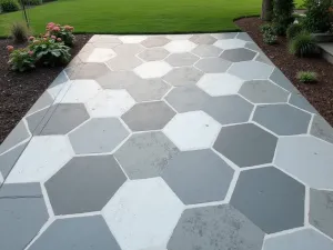 Geometric Stenciled Concrete - Modern stenciled concrete patio featuring overlapping hexagonal patterns in contrasting gray tones, viewed from above