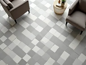 Geometric Tile Pattern - Modern geometric tiles in grey and white creating an eye-catching pattern, aerial view showing the complete design with contemporary furniture