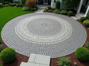 Granite Cobblestone Circle - A circular patio design featuring radiating gray granite cobblestones creating a sundial pattern, aerial view with surrounding garden beds