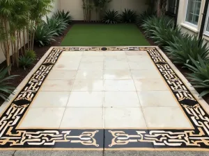 Graphic Border Design - A simple solid-colored patio floor with an elaborate painted border featuring Art Deco-inspired geometric patterns in black and gold