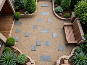 Gravel and Timber Path - Aerial view of a rustic patio floor combining crushed gravel paths with reclaimed railway sleepers, bordered by drought-resistant plants