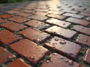 Herringbone Brick Patio Pattern - Close-up view of a traditional herringbone pattern brick patio floor, with weathered red clay bricks creating an intricate geometric design, morning dew glistening on the surface