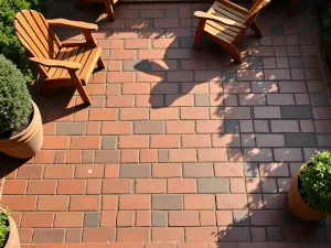 Herringbone Brick Pattern - Aerial view of a classic herringbone brick patio floor pattern in rich reds and browns, with wooden furniture casting interesting shadows