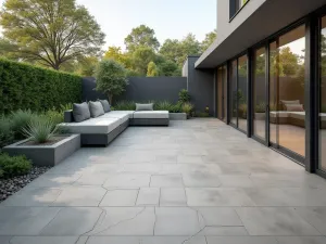 Hexagonal Porcelain Tiles - Modern patio featuring large hexagonal porcelain tiles in soft grey, with built-in seating and planters