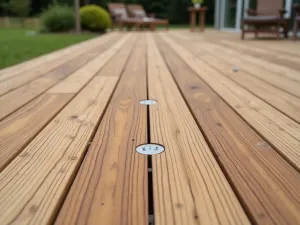 Hidden Fastener System - Close-up of a premium wooden patio floor featuring invisible fasteners, showing clean, uninterrupted wood grain patterns