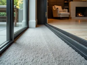 Indoor-Outdoor Carpet Transition - Close-up detail of a seamless transition between indoor and outdoor carpeted areas, showing weather-resistant materials and modern sliding doors