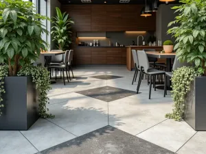 Industrial Chic Patio Floor - A close-up view of polished concrete flooring with geometric patterns, accented by metal planters with trailing vines, modern furniture, and industrial lighting