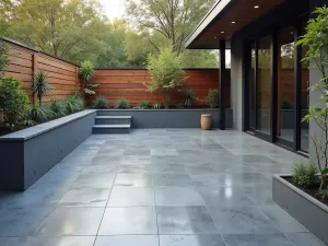 Industrial Concrete Effect - Modern industrial-style patio with gray concrete-effect epoxy flooring featuring subtle metallic undertones