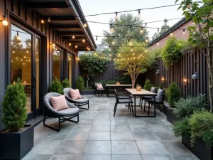 Industrial Concrete-Look Porcelain - Wide-angle shot of industrial-style patio with concrete-effect porcelain tiles, metal furniture, and string lights overhead