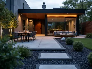 Industrial Modern Gravel Lounge - Close-up of a sleek industrial patio featuring black basalt gravel contrasting with concrete elements and steel furniture. LED strip lighting creates dramatic evening ambiance.