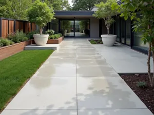 Industrial Polished Concrete - Sleek polished concrete patio floor with intentional color variations and subtle aggregate exposure, viewed straight on with modern planters