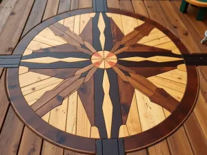 Inlaid Wood Design - Close-up of a wooden patio floor featuring intricate inlaid wood patterns creating a medallion centerpiece with contrasting wood species