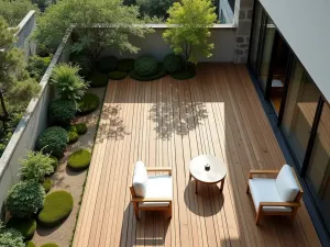 Japanese Zen Patio - A serene apartment patio with traditional Japanese wooden decking, moss gardens in gaps, and minimal furniture, viewed from above