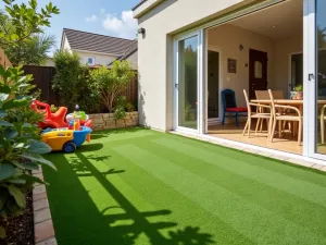 Kids' Play Patio - Child-friendly patio with soft artificial grass flooring, colorful outdoor toys, and safety-focused furniture, shown in bright daylight