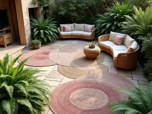 Layered Carpet Garden Patio - Multiple outdoor carpets layered artistically on a patio, surrounded by ferns and hostas, creating distinct seating areas