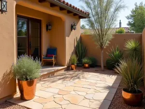 Limestone Desert Patio - Southwestern style small patio with honey-colored limestone pavers, desert plants in copper containers, shot from corner angle