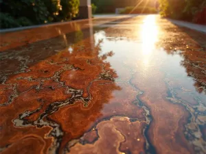 Marbled Copper Epoxy Floor - Close-up of a copper and bronze marbled epoxy patio floor with intricate swirling patterns, catching warm sunset light