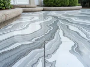 Marbled Effect Paint - Close-up detail of a patio floor painted using a marbling technique in swirling grays, whites, and metallic silver, creating a luxurious stone-like appearance