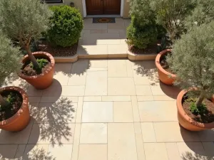 Mediterranean Carpet Terrace - Aerial view of a Mediterranean-style patio with terra cotta planters, olive trees, and a cream-colored outdoor carpet with subtle pattern