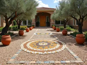 Mediterranean Courtyard Mosaic - Wide-angle view of a gravel patio featuring a decorative pattern created with different colored gravels in a mosaic design. Terra cotta pots and olive trees complete the Mediterranean feel.