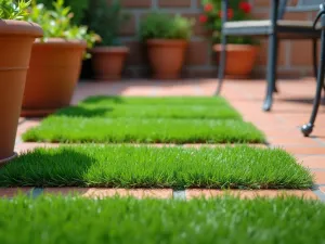 Mediterranean Grass Haven - Close-up shot of artificial grass meeting terracotta pots and Mediterranean-style tile work, with wrought iron furniture