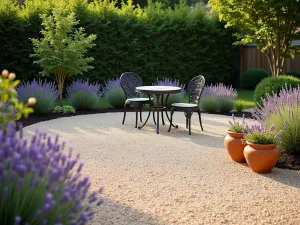 Mediterranean Gravel Patio with Lavender Border - A circular gravel patio with light beige pebbles, bordered by blooming lavender plants. Mediterranean-style terracotta pots and a wrought iron bistro set create an elegant focal point. Warm afternoon lighting casts gentle shadows across the textured surface.