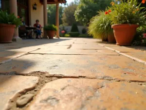 Mediterranean Limestone Terrace - A sun-drenched Mediterranean-style patio with honey-colored limestone flooring in a structured pattern, close-up view showing the natural texture and fossil details