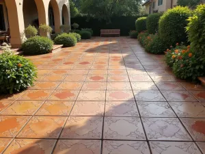 Mediterranean Stamped Concrete - Wide-angle view of a stamped concrete patio mimicking traditional Mediterranean tiles, featuring intricate patterns in warm earth tones with a slightly weathered finish