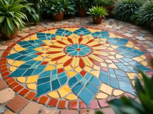 Mediterranean Sunburst Mosaic - Close-up view of an intricate Mediterranean-style mosaic patio floor featuring a sunburst pattern in terracotta, azure blue, and golden ceramic tiles, with small succulents growing between the edges