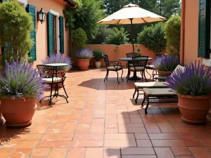 Mediterranean Terracotta Porcelain - Warm terracotta-colored porcelain tiles in a traditional Mediterranean pattern, surrounded by lavender planters and wrought iron furniture