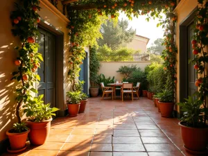 Mediterranean Terracotta - A warm and inviting apartment patio featuring traditional terracotta tiles, with potted citrus trees and climbing vines, shot during golden hour