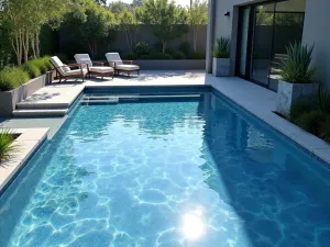 Metallic Blue Epoxy Patio - Modern patio with metallic blue swirled epoxy flooring, reflecting sunlight like gentle waves, surrounded by sleek outdoor furniture and minimalist planters