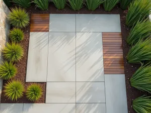 Mixed Material Modern Patio - Contemporary small patio combining smooth concrete panels with wooden inlays, surrounded by ornamental grasses, aerial perspective