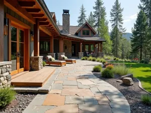 Mixed Material Mountain - Wide-angle view of a mountain cabin patio combining rough-cut stone, wood planks, and pebbles in a naturalistic design