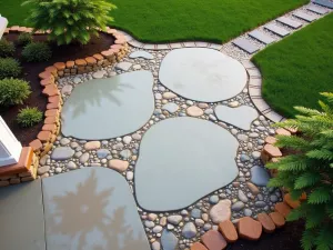 Mixed Material Pattern - Creative patio floor combining smooth concrete sections with river rock inlays and wooden borders, viewed from above, featuring Japanese maple in corners