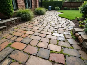 Mixed-Size Brick Pattern - Wide-angle view of a patio featuring mixed-size reclaimed bricks in varying earth tones, creating a rustic, cobblestone-like appearance with moss growing between the joints