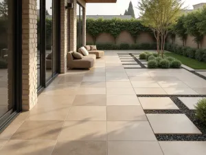 Mixed-Size Porcelain Tile Pattern - Contemporary patio design using mixed-size porcelain tiles in varying sandy tones, creating a dynamic floor pattern