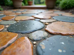 Mixed Stone Mosaic - An artistic patio floor featuring a mosaic of different natural stones including sandstone, slate, and river rock, creating an intricate pattern, close-up detail shot