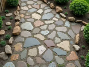 Mixed Stone Rustic Floor - Aerial view of a rustic patio floor featuring a mix of irregular flagstone and river rocks, creating a natural mosaic pattern with thyme growing between stones