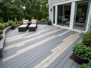 Mixed-Width Composite Boards - Normal view of a contemporary patio using mixed-width composite boards in driftwood gray, creating a unique striped pattern