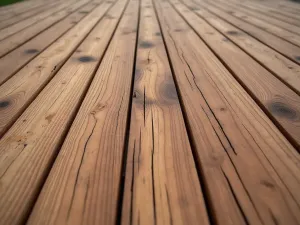 Mixed-Width Teak Boards - Close-up of a luxury teak wood patio floor featuring varying width boards, creating a random yet harmonious pattern with oil-rubbed finish