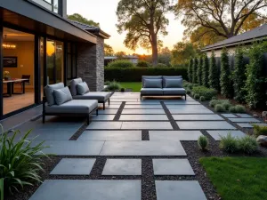 Modern Brick and Slate Combination - Contemporary patio floor combining sleek charcoal bricks with slate inserts in a minimalist grid pattern, photographed at sunset