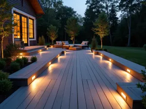 Modern Composite Decking - Contemporary composite decking in a warm gray tone, arranged in a linear pattern with built-in LED lighting, viewed at dusk