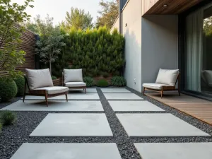 Modern Geometric Small Patio - Contemporary small patio with large-format geometric concrete pavers in light grey, separated by dark gravel lines, shot at eye level with modern minimal furniture